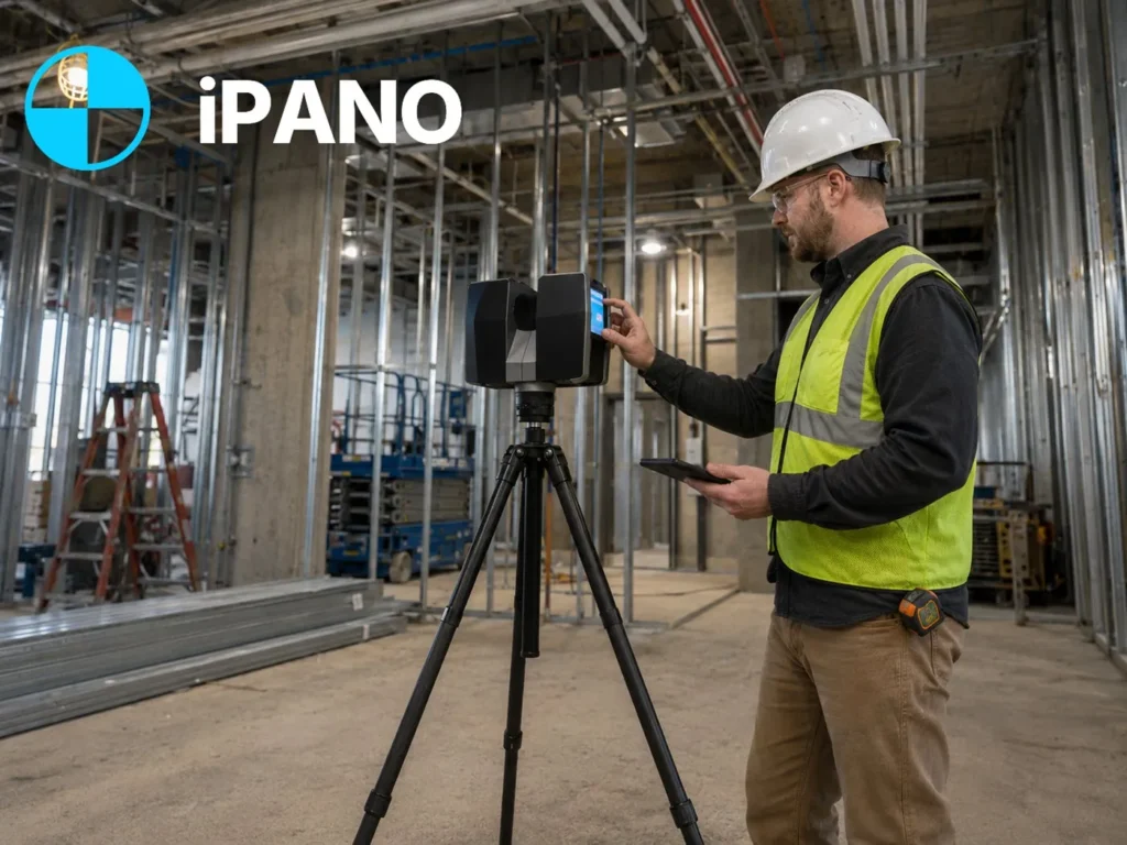 iPANO technician operating a tripod 3D laser scanner on a commercial construction site