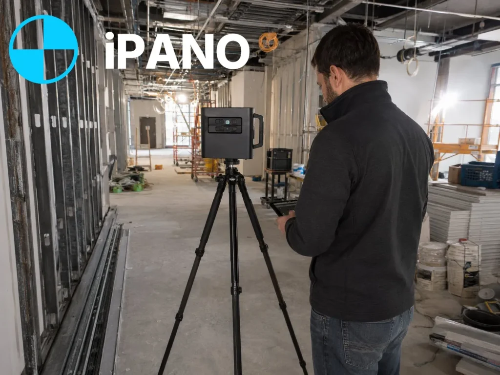 Technician reviewing a Matterport 3D tour capture during an interior fit-out