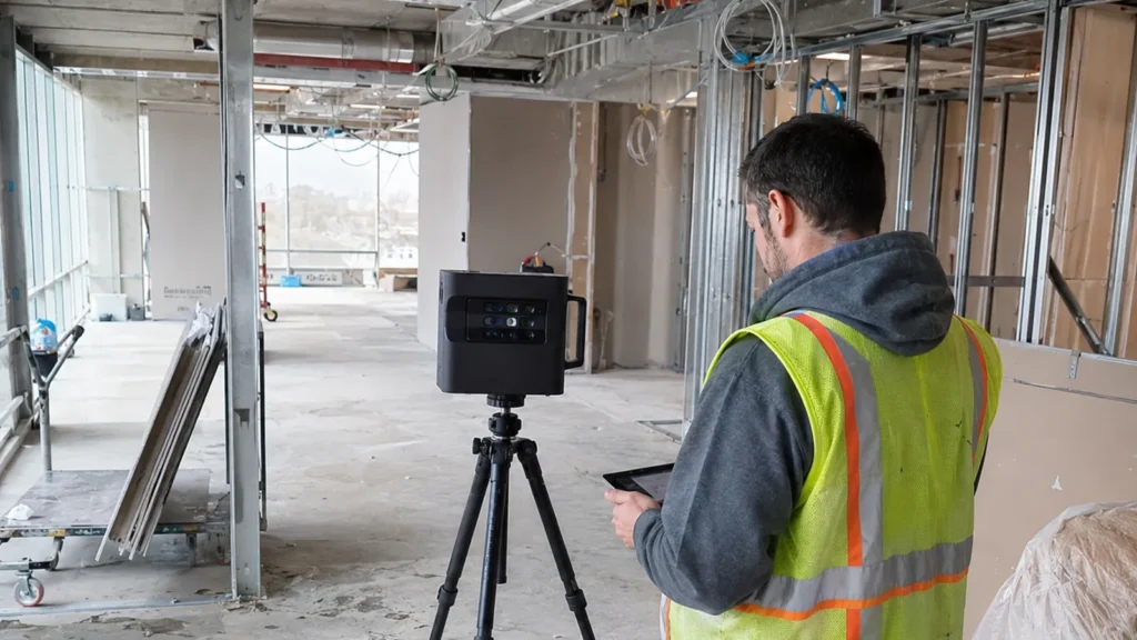 Matterport Pro camera capturing a commercial interior under construction for a 3D virtual tour