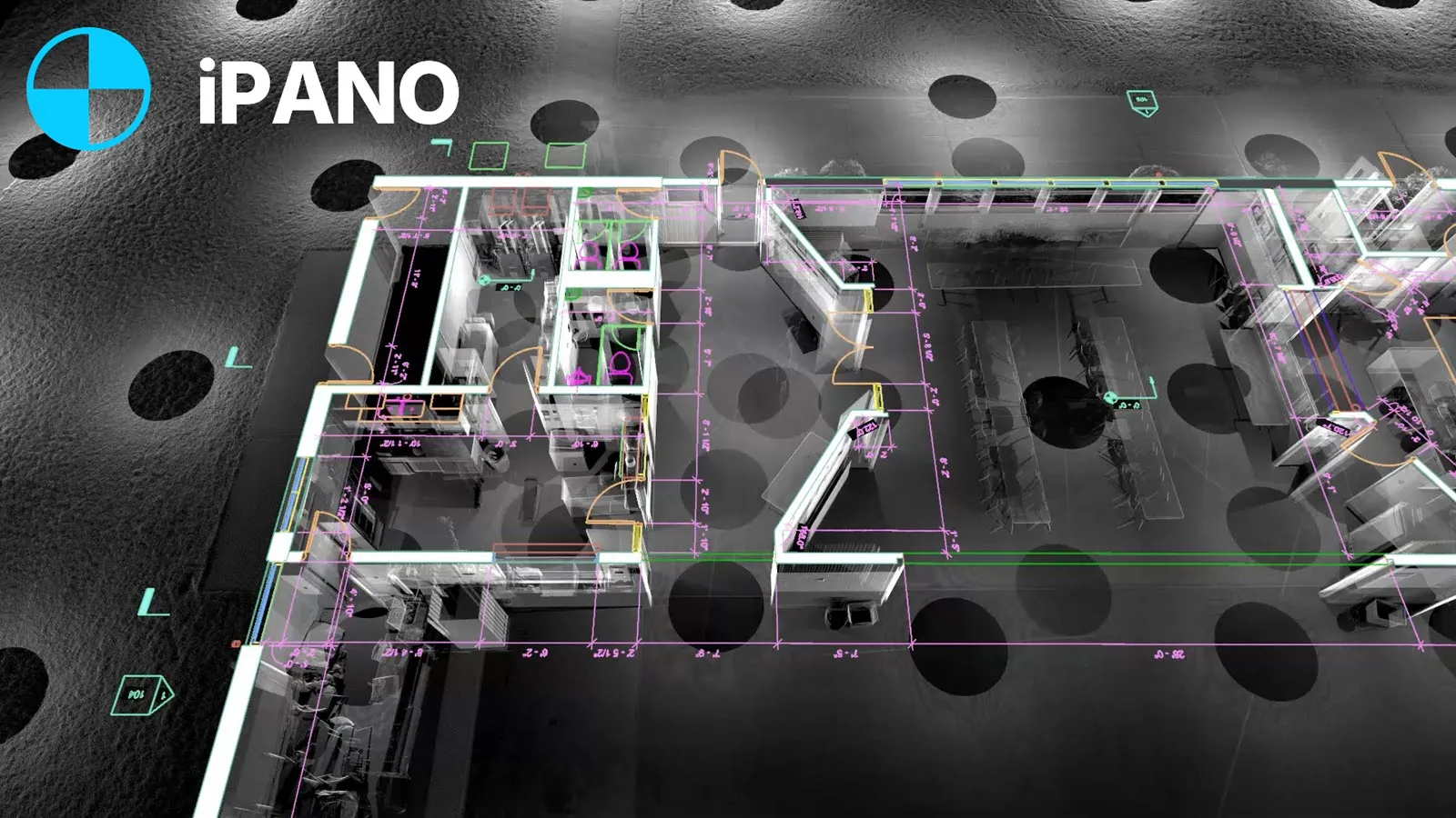 As-built floor plan drawing overlaid on an interior laser scan point cloud