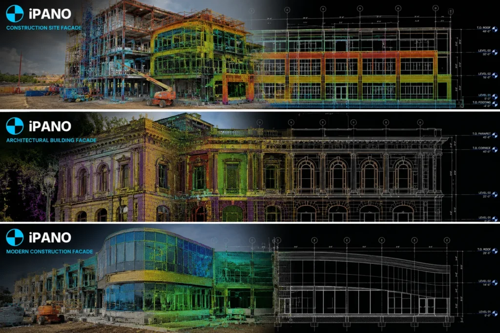 Three building facades captured as colorized 3D laser scans