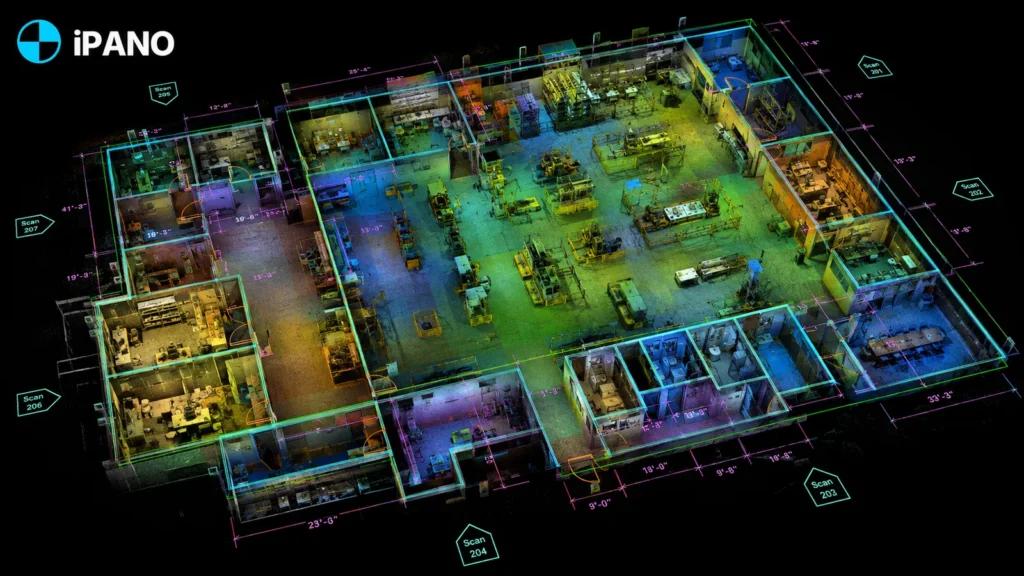 Colorized point cloud floor plan of an office interior