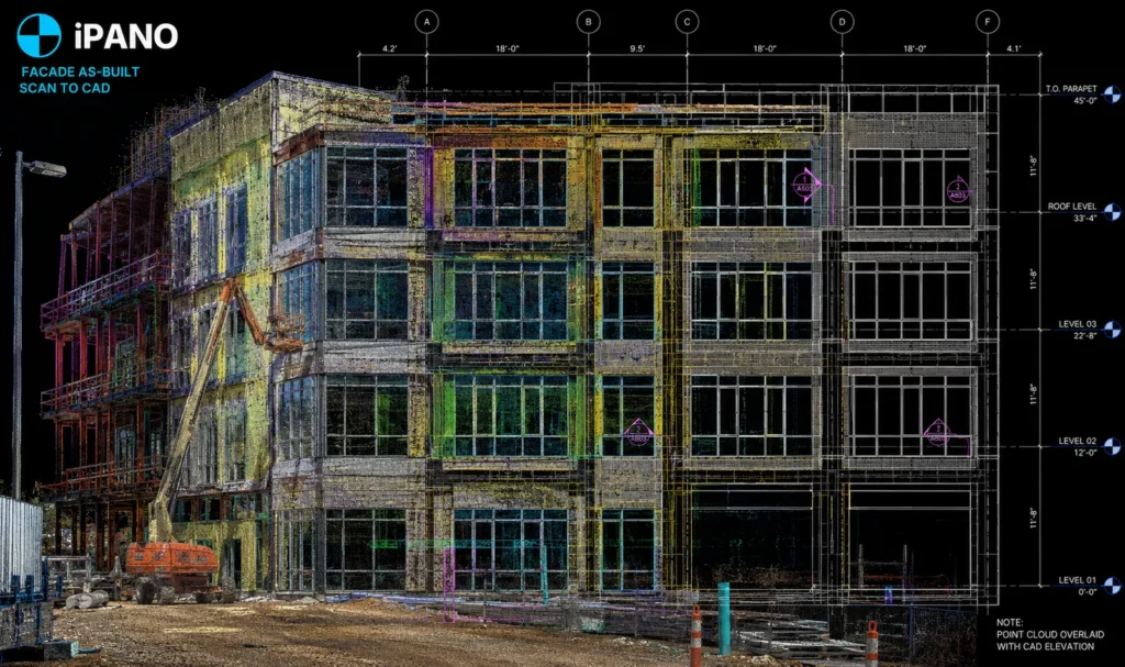 Building facade point cloud with as-built CAD elevation dimensions