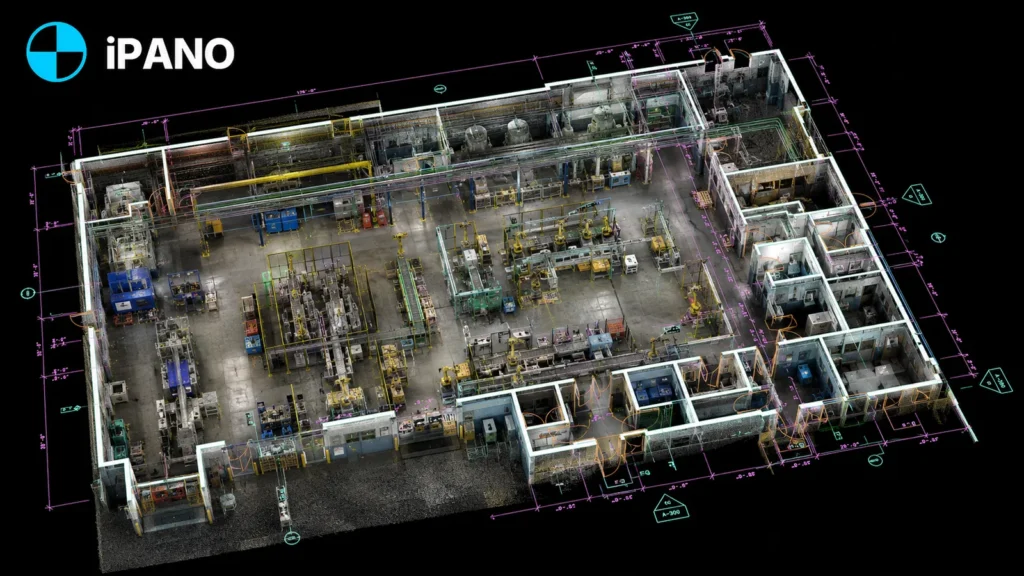 Overhead point cloud view of a facility with floor plan linework