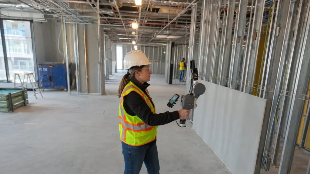 Surveyor scanning an interior construction space with a handheld laser scanner