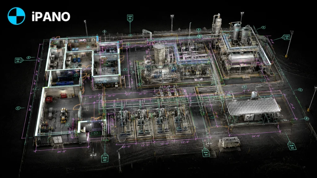 Aerial point cloud plan of an industrial plant with CAD linework