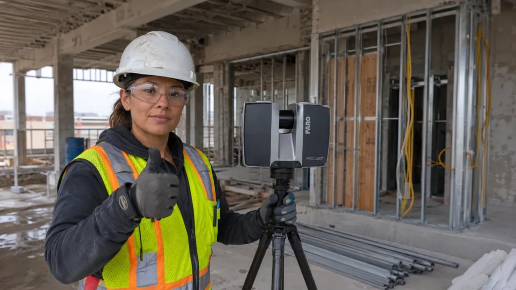 iPANO surveyor with a FARO 3D laser scanner on a commercial construction site