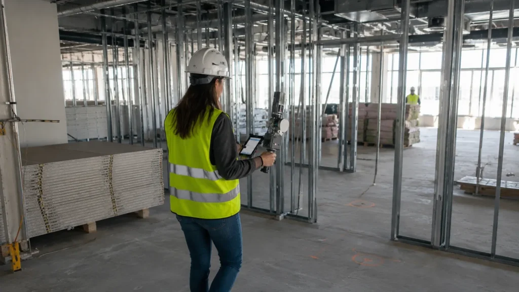 iPANO technician reviewing capture data on a tablet during a construction site walkthrough