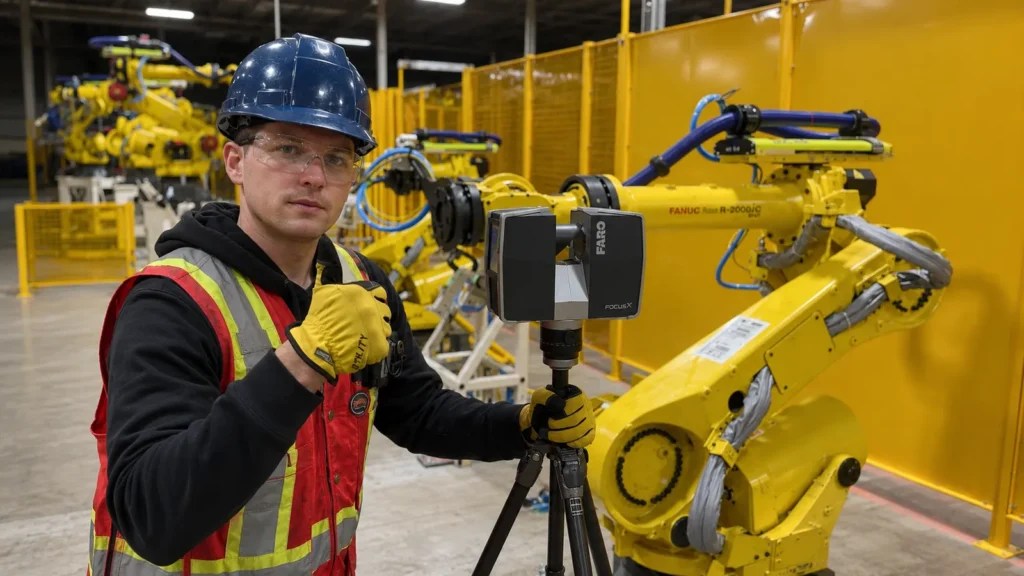 iPANO technician laser scanning a robotics manufacturing facility