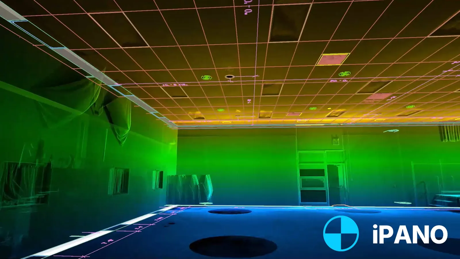 Colorized LiDAR point cloud scan of a commercial interior with ceiling grid linework