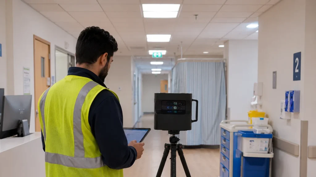Matterport Pro camera capturing a hospital corridor for a 3D virtual tour