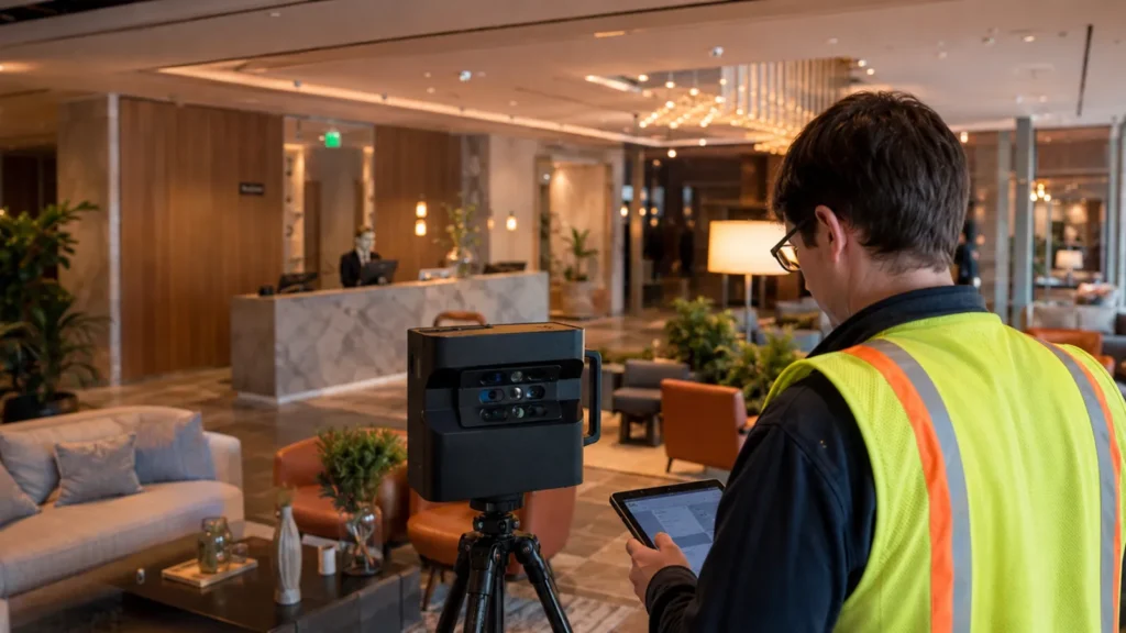 Matterport Pro camera capturing a hotel lobby for a 3D virtual tour