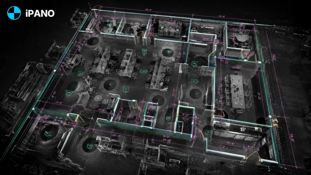 Grayscale point cloud scan of a mechanical room with plan linework