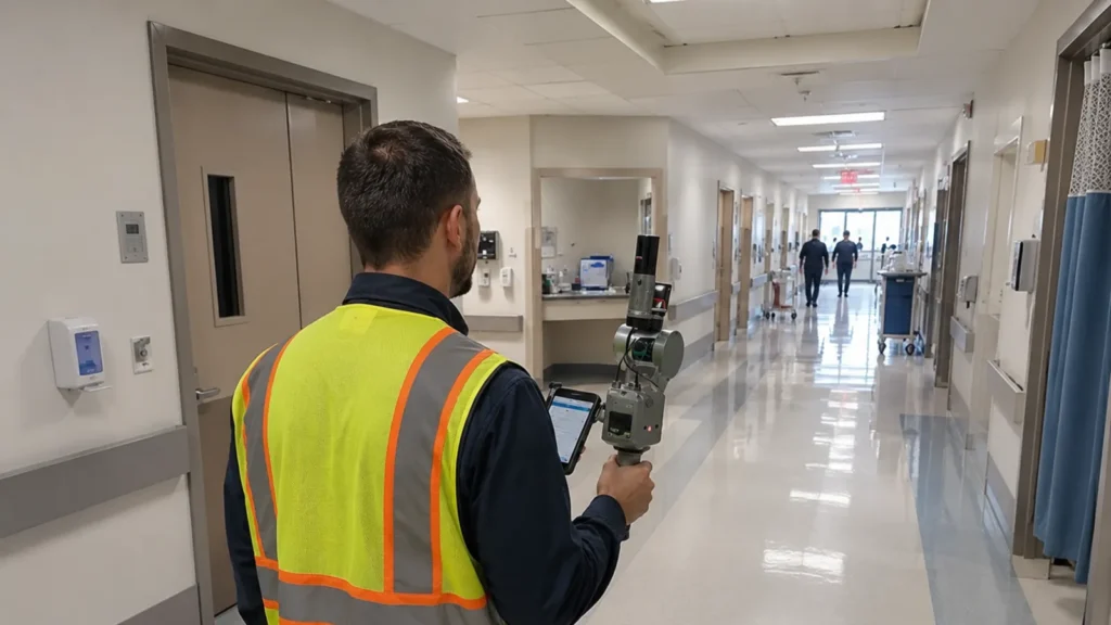 Technician scanning a hospital corridor with a mobile laser scanner