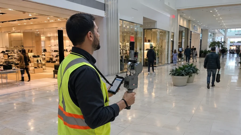 Technician capturing a shopping mall with a handheld mobile laser scanner