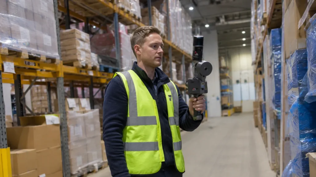 Technician documenting a warehouse with a handheld mobile laser scanner