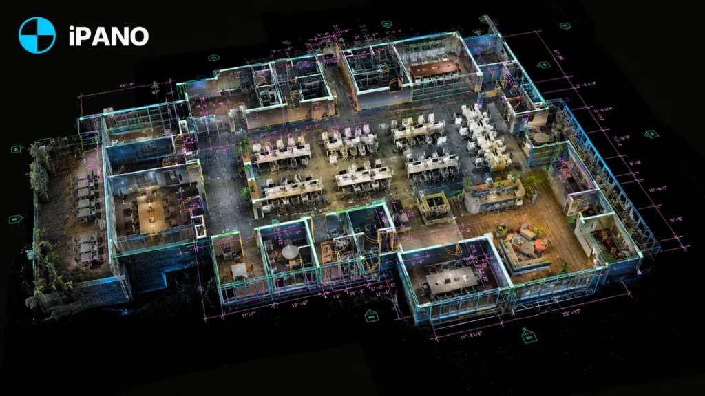 Point cloud scan of an office fit-out with dimensioned plan linework