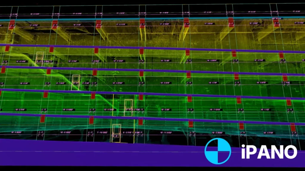 Building elevation CAD drawing overlaid on laser scan point cloud data