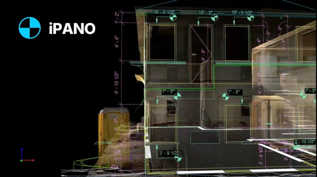Dimensioned exterior elevation drawing created from a residential building laser scan