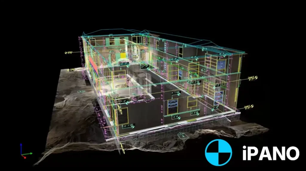 3D BIM model with dimensions generated from a laser scan of a two-storey building