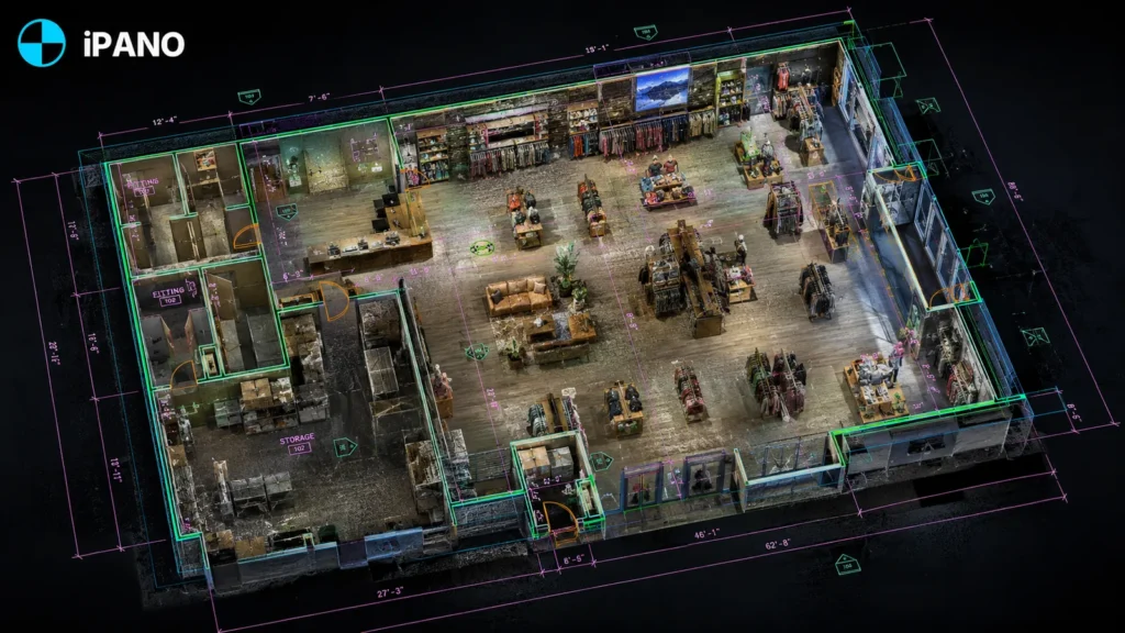 Overhead point cloud floor plan of a warehouse facility